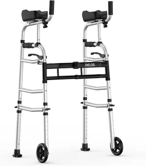 Delog Folding Walker for Senior - Platform Walker with 5’’ Wheels and Removable Padded Armrests 350lbs, Lightweight Walking Mobility Aid, Standard Walker for Elderly (Black)