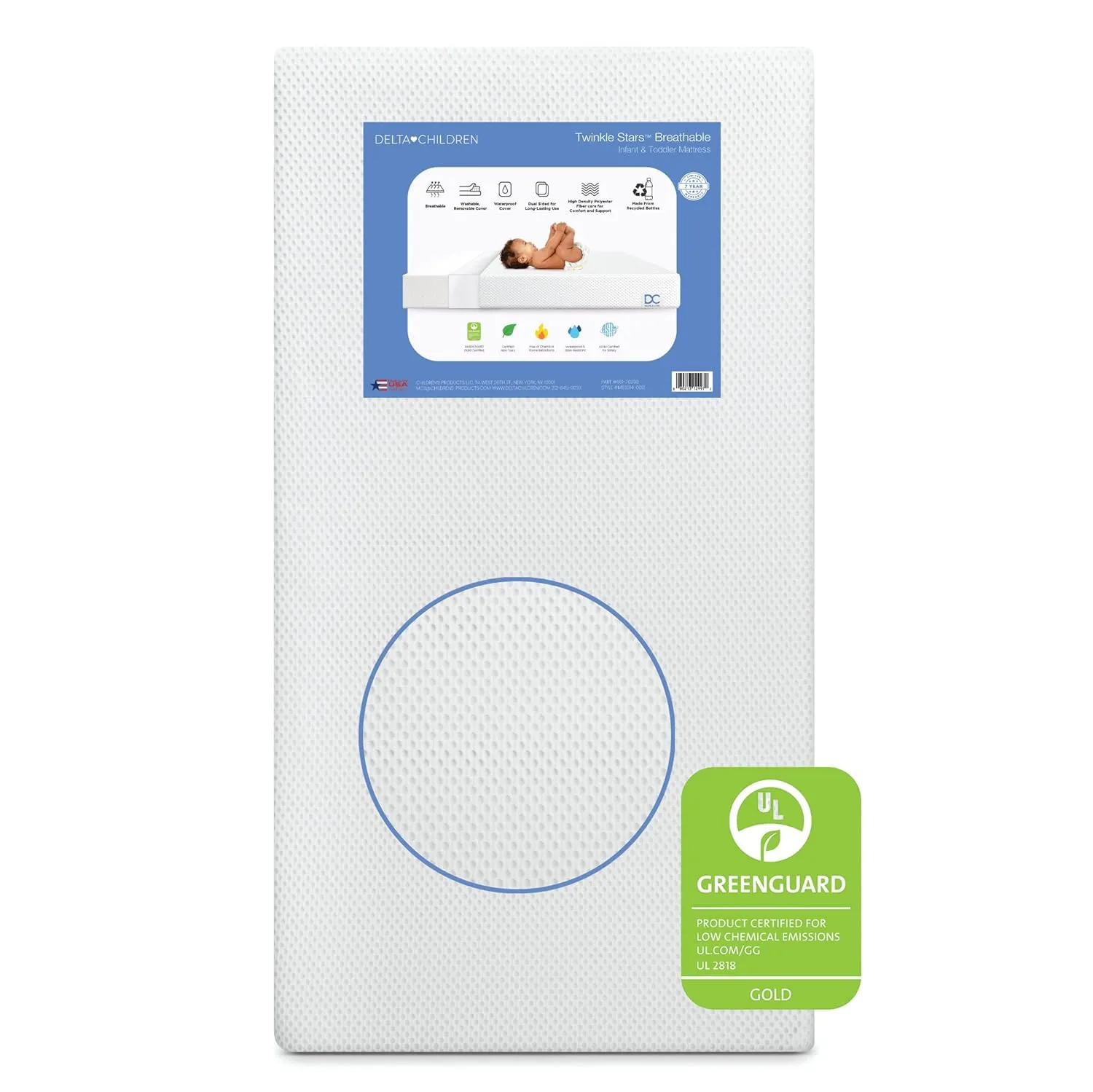 Delta Children Twinkle Stars Crib and Toddler Mattress with Breathable, Removable Machine-Washable Cover - GREENGUARD Gold - Waterproof Baby Bed - Sustainably Sourced Fiber Core - 52”Lx27.5”W, White
