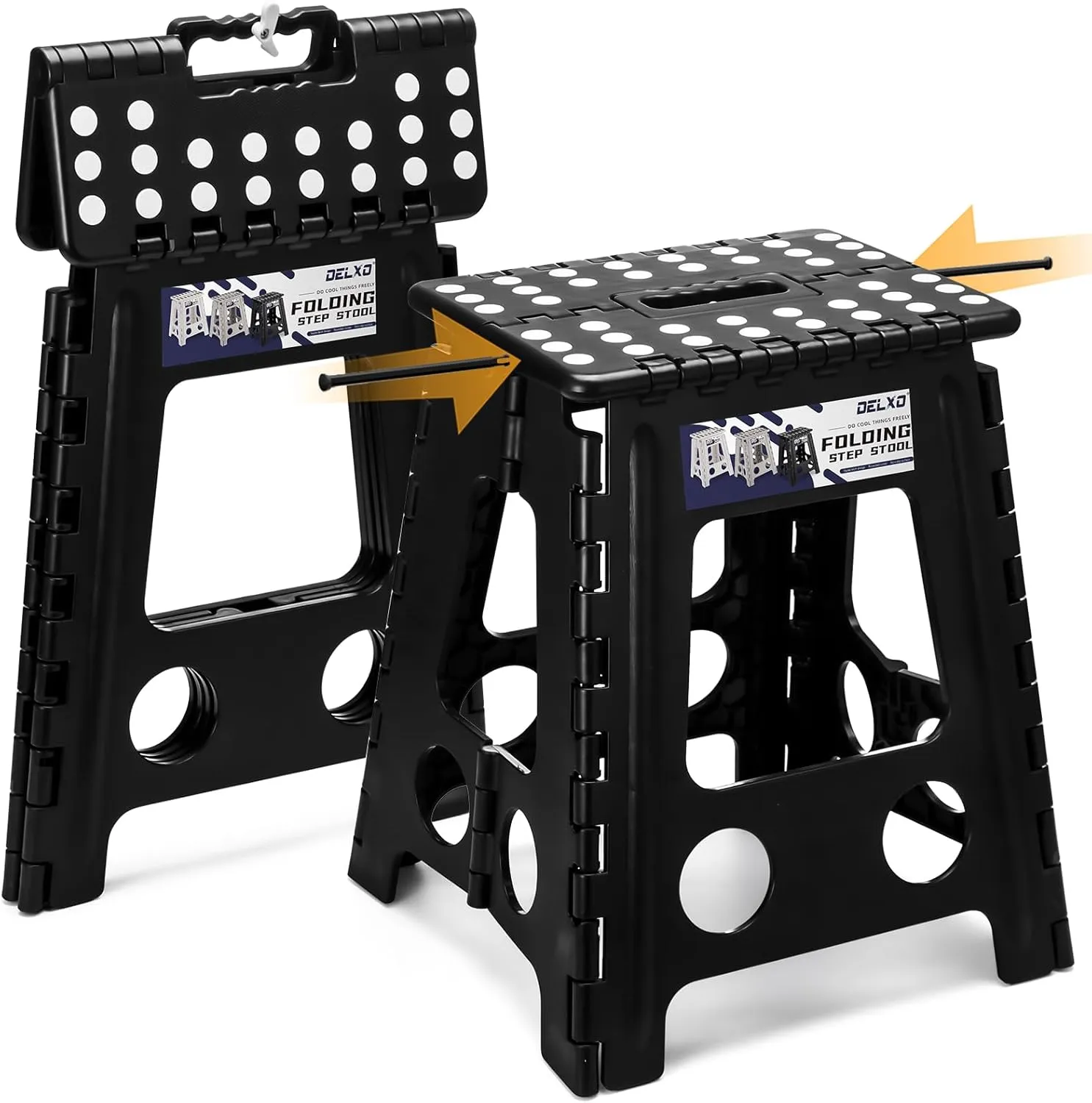 Delxo 16” Folding Step Stool in Black,1 Pack Premium Foldable Stool for Adults,Portable Collapsible Plastic Step Stool,Non Slip Folding Stools for Kitchen Bathroom Bedroom Up to 400LBS