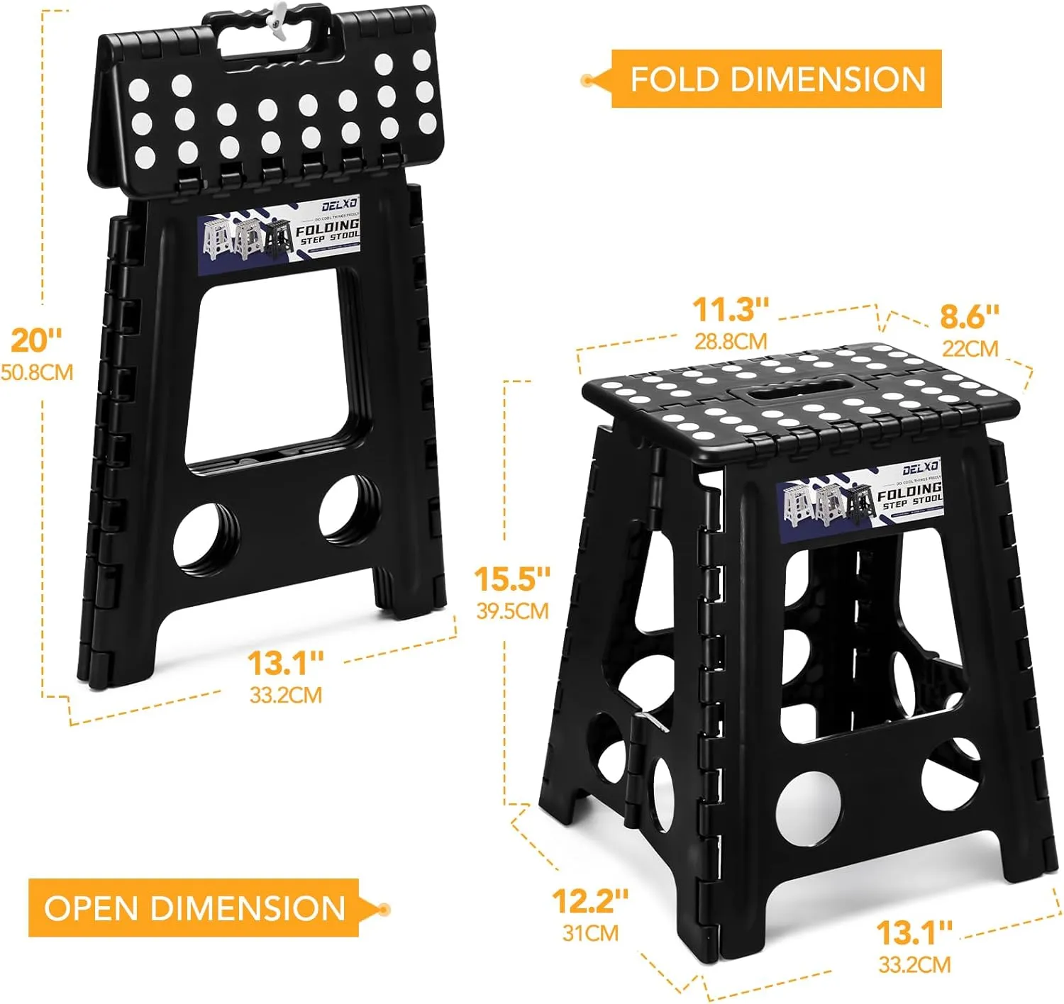 Delxo 16” Folding Step Stool in Black,1 Pack Premium Foldable Stool for Adults,Portable Collapsible Plastic Step Stool,Non Slip Folding Stools for Kitchen Bathroom Bedroom Up to 400LBS