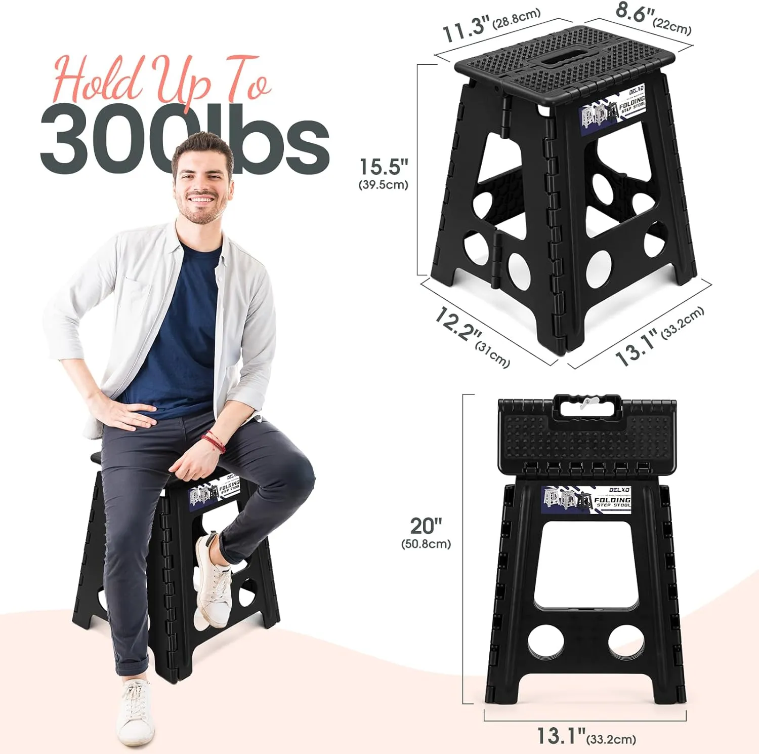 Delxo Folding Step Stool 16 Inch Non-Slip Foldable Stools for Kids & Adults Up to 300 LBS Kitchen Collapsible Fold Up Stepping Stool with Dotted 1 Pack Black