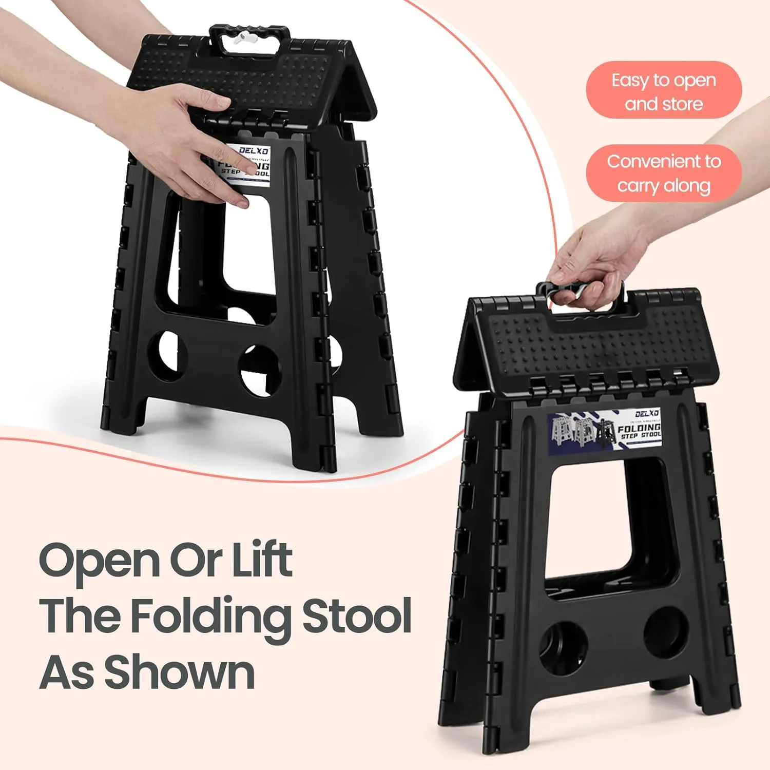 Delxo Folding Step Stool 16 Inch Non-Slip Foldable Stools for Kids & Adults Up to 300 LBS Kitchen Collapsible Fold Up Stepping Stool with Dotted 1 Pack Black