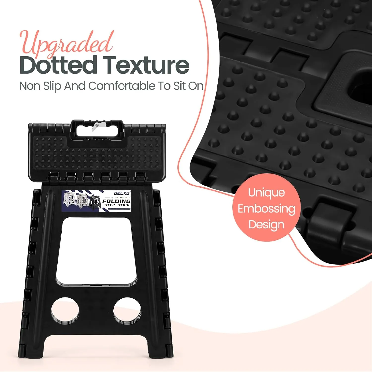 Delxo Folding Step Stool 16 Inch Non-Slip Foldable Stools for Kids & Adults Up to 300 LBS Kitchen Collapsible Fold Up Stepping Stool with Dotted 1 Pack Black