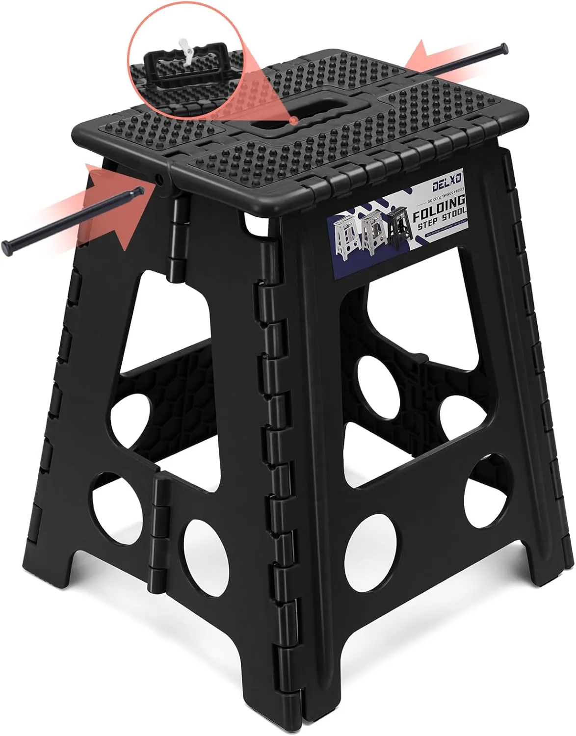 Delxo Folding Step Stool 16 Inch Non-Slip Foldable Stools for Kids & Adults Up to 300 LBS Kitchen Collapsible Fold Up Stepping Stool with Dotted 1 Pack Black