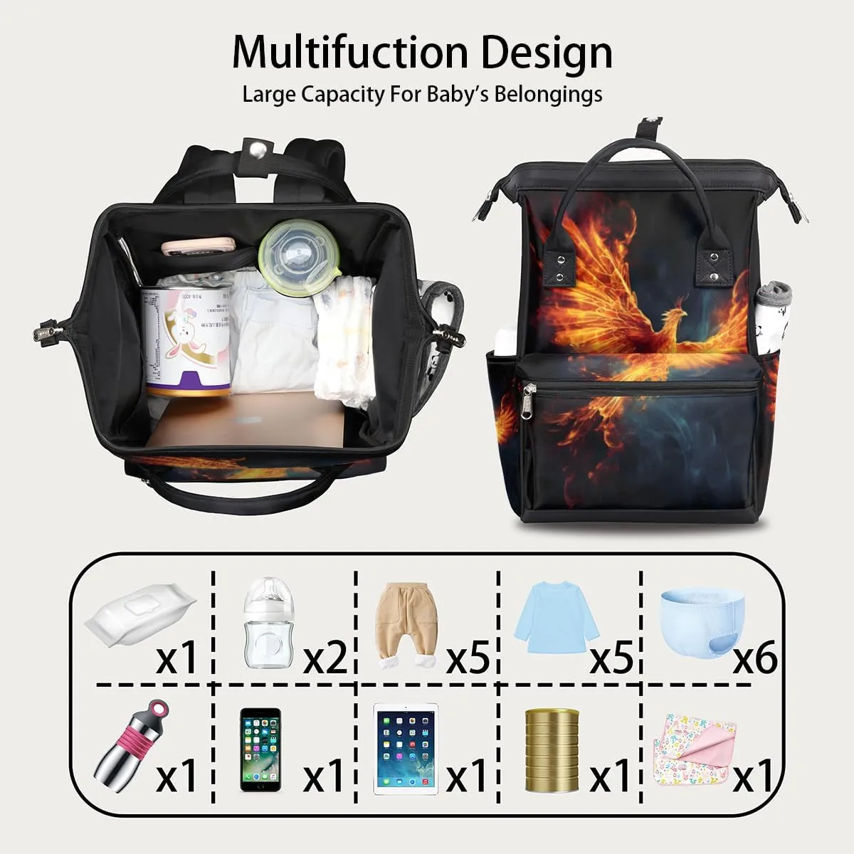 Diaper Bag Backpack for Mon and Dad Fire Phoenix Print Travel Diaper Tote Bags Multi Function Waterproof Backpacks Newborn Essentials
