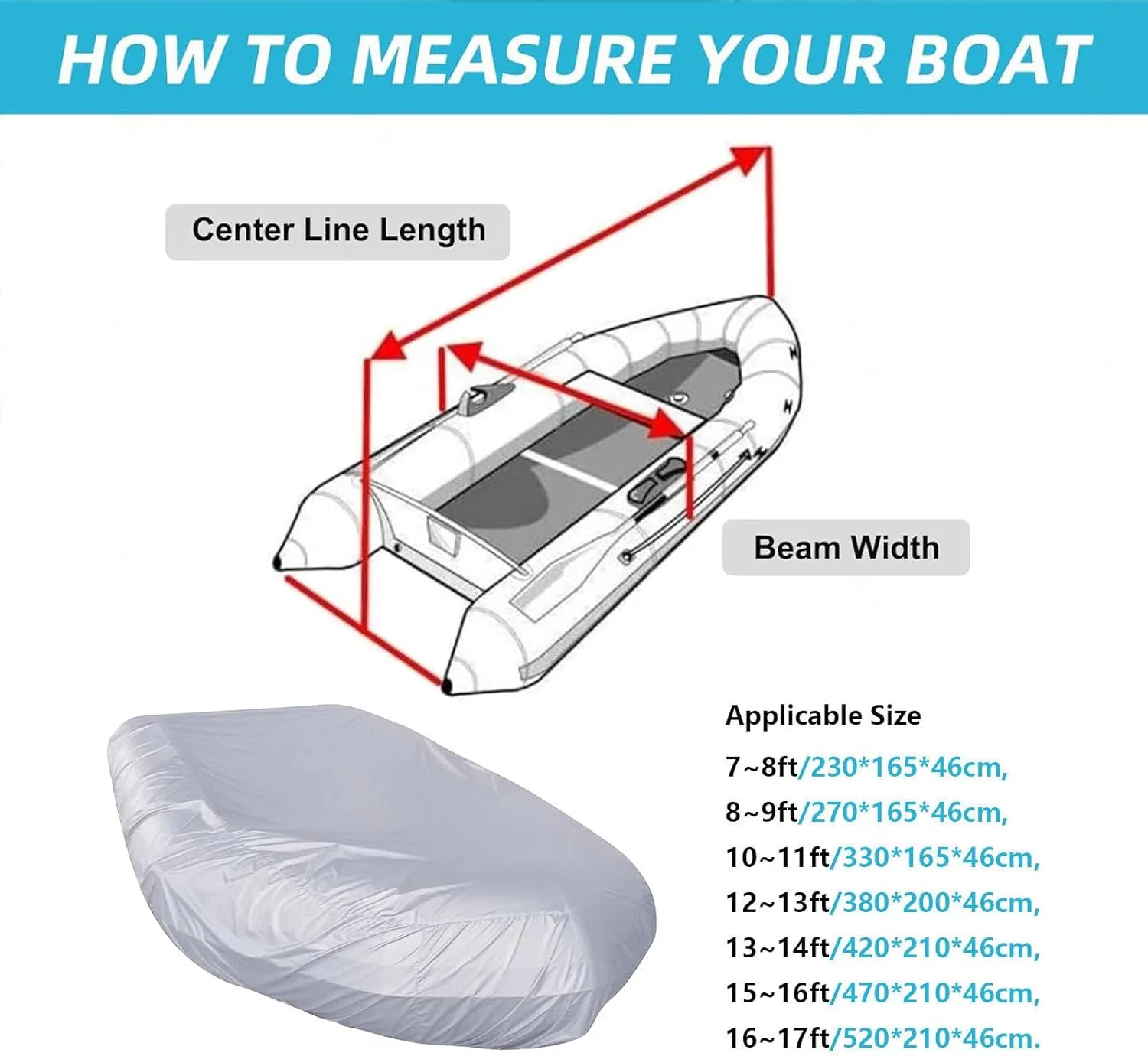 Dinghy Boat Cover 7 Sizes Boat Tarp UV Resistant Boat Tarp for Small Inflatable and Rigid Inflatable Boats,230 * 165 * 46cm