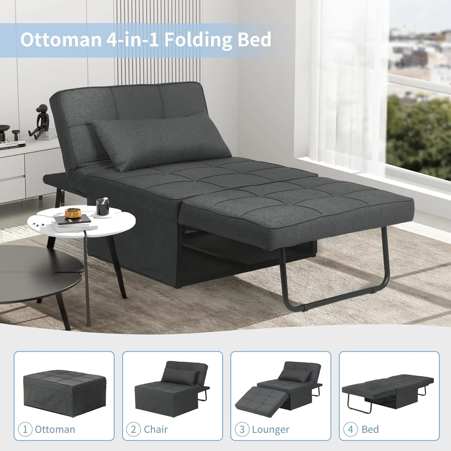 Diophros Sofa Bed, 4 in 1 Multi-Function Modern Folding Ottoman Guest Bed with Adjustable Sleeper Chair for Small Room Apartment