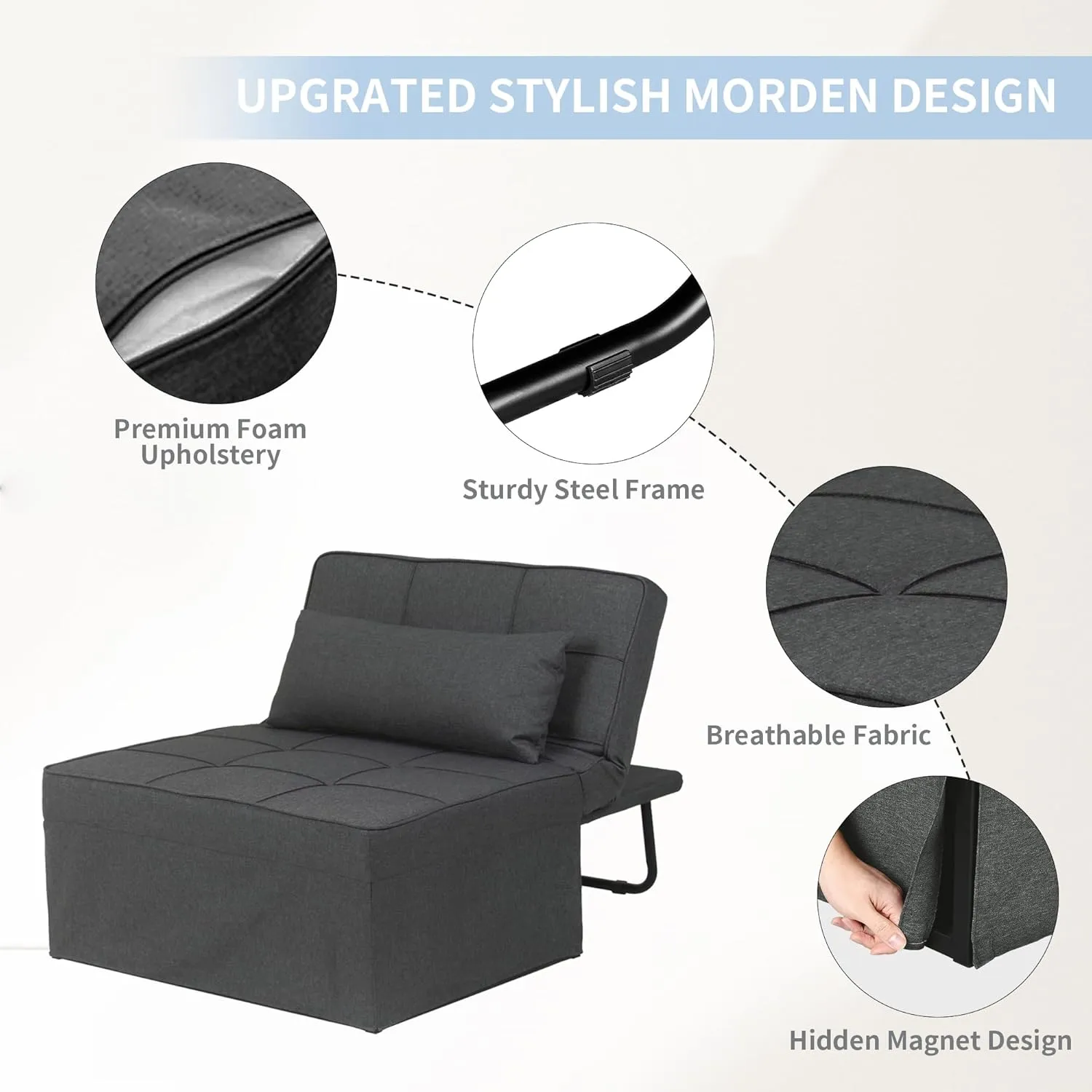Diophros Sofa Bed, 4 in 1 Multi-Function Modern Folding Ottoman Guest Bed with Adjustable Sleeper Chair for Small Room Apartment
