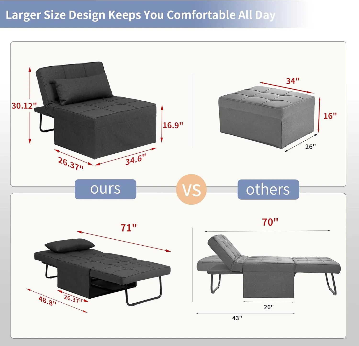Diophros Sofa Bed, 4 in 1 Multi-Function Modern Folding Ottoman Guest Bed with Adjustable Sleeper Chair for Small Room Apartment