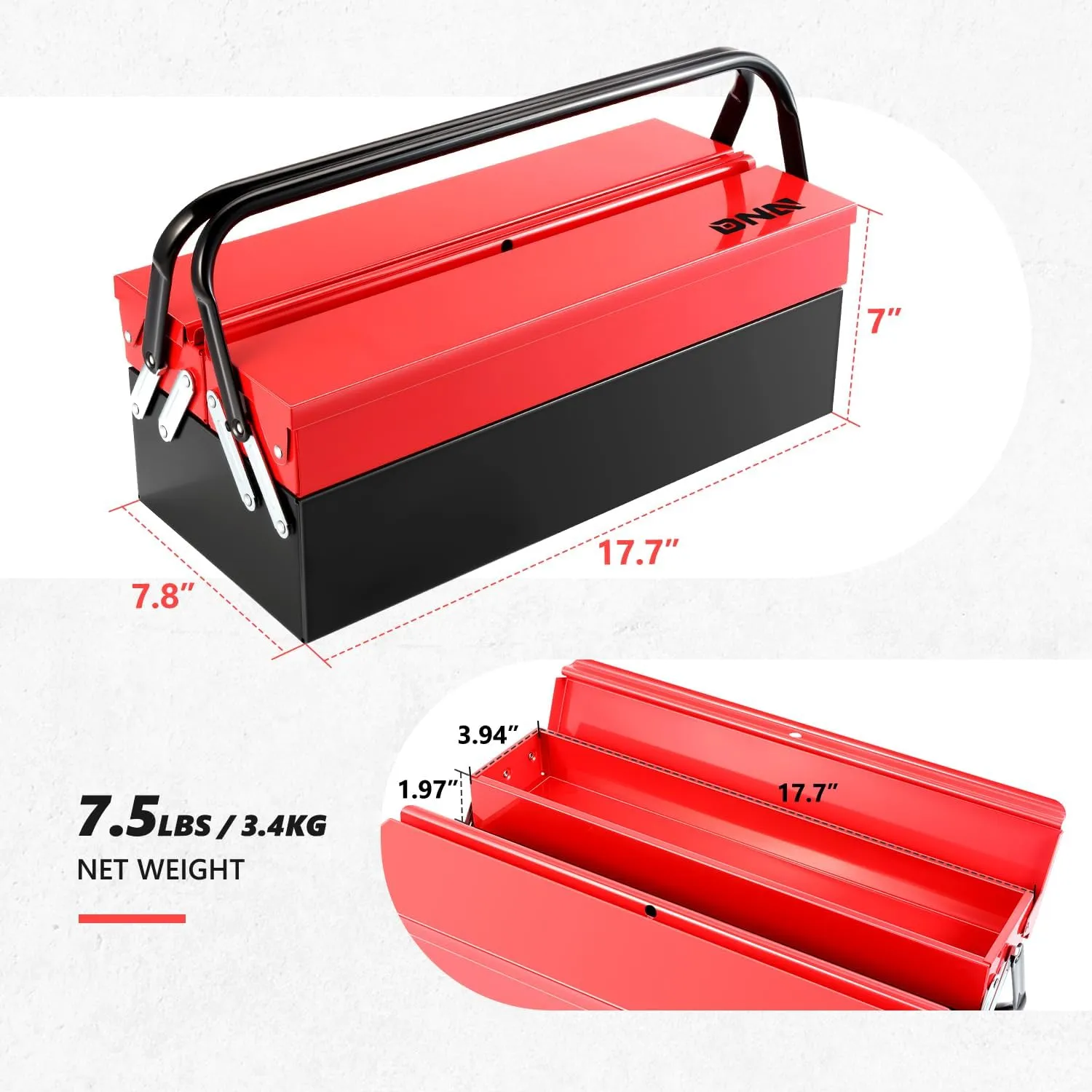 DNA MOTORING 18 Inch Metal Tool Box 2-Layer 3 Organizer Drawers Multi-Function Folding Organizer Toolbox for Household Warehouse Repair Shop, TOOLS-00410