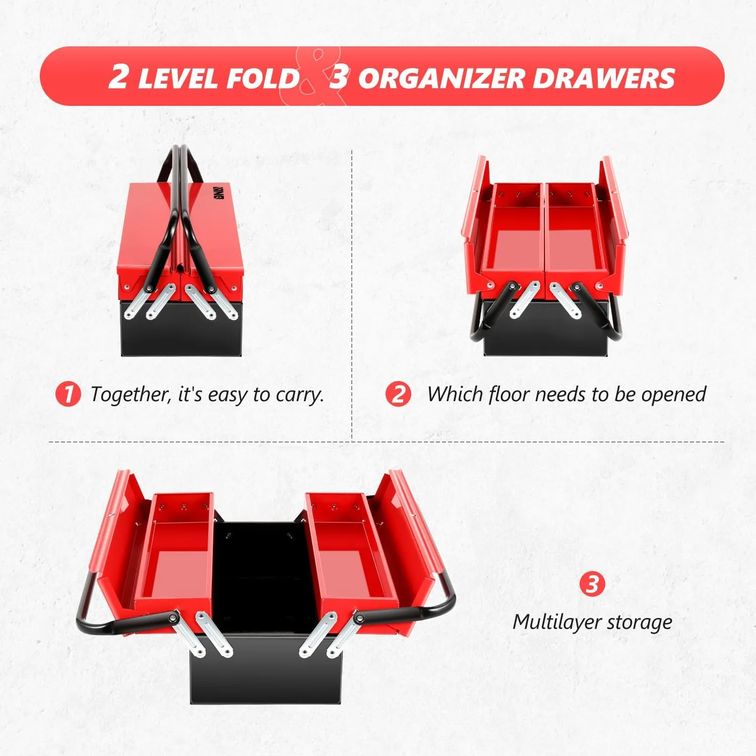 DNA MOTORING 18 Inch Metal Tool Box 2-Layer 3 Organizer Drawers Multi-Function Folding Organizer Toolbox for Household Warehouse Repair Shop, TOOLS-00410