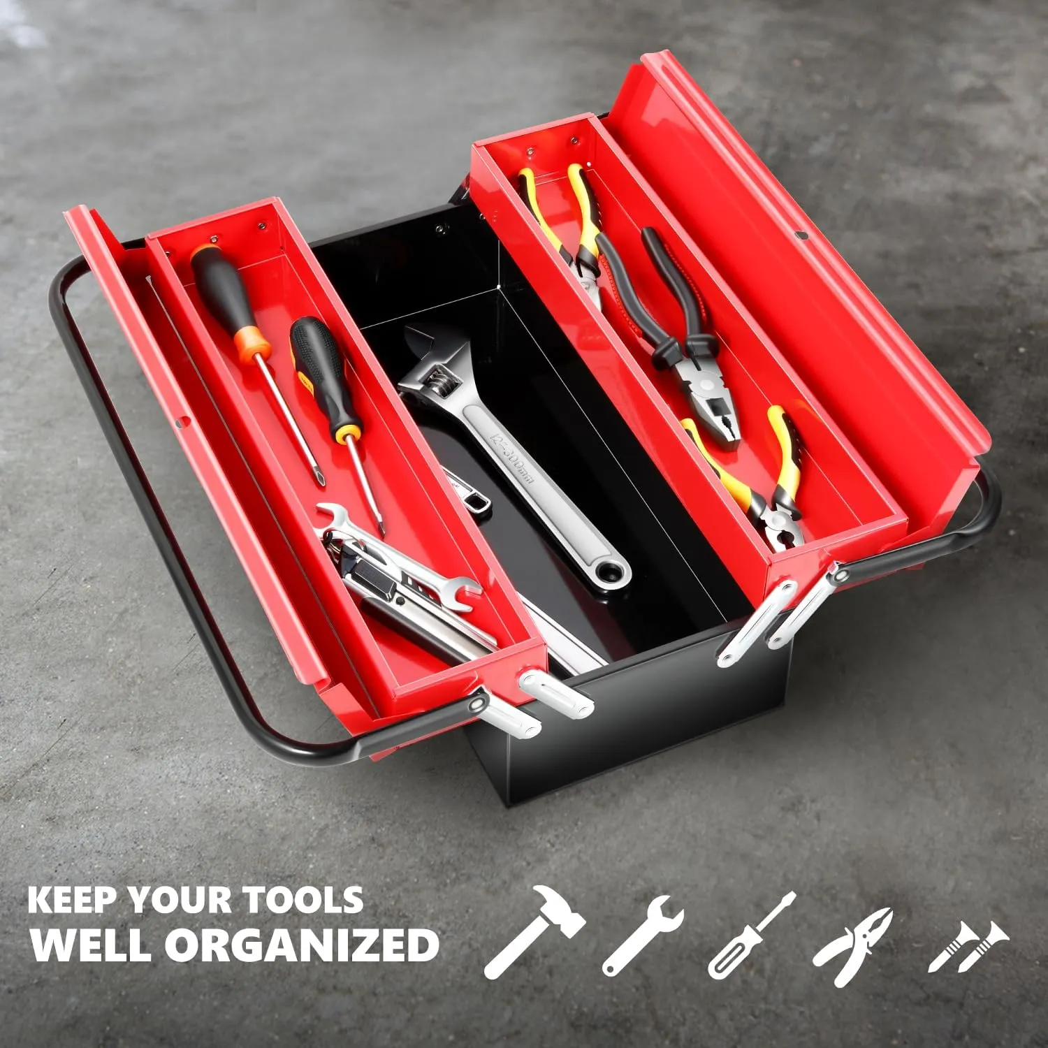 DNA MOTORING 18 Inch Metal Tool Box 2-Layer 3 Organizer Drawers Multi-Function Folding Organizer Toolbox for Household Warehouse Repair Shop, TOOLS-00410