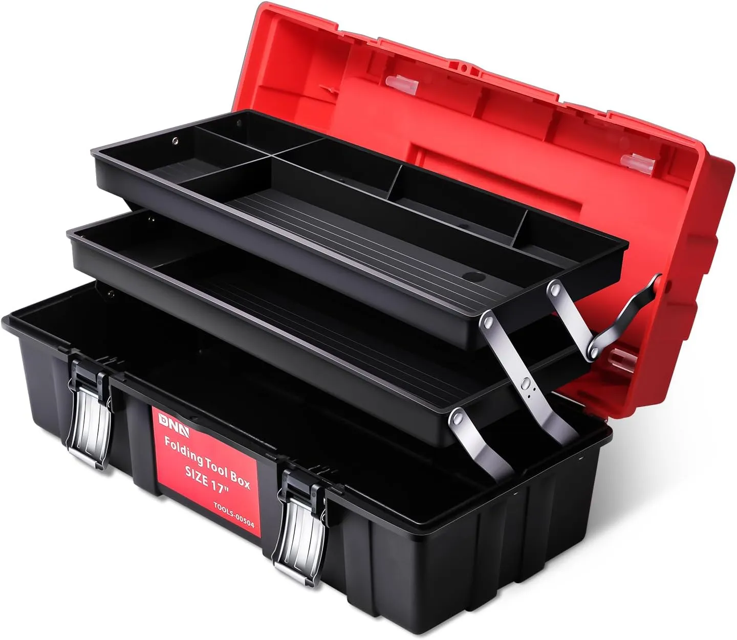 DNA MOTORING 3-Layer Lockable Tool Box Plastic Portable Storage Folding Toolbox Tray Divider Tool Organizers, W/Handle, Red/Black, TOOLS-00504