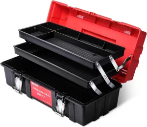 DNA MOTORING 3-Layer Lockable Tool Box Plastic Portable Storage Folding Toolbox Tray Divider Tool Organizers, W/Handle, Red/Black, TOOLS-00504