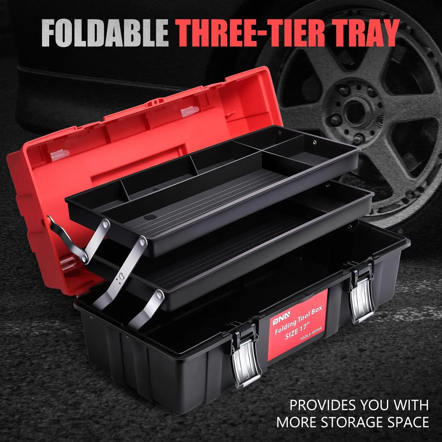 DNA MOTORING 3-Layer Lockable Tool Box Plastic Portable Storage Folding Toolbox Tray Divider Tool Organizers, W/Handle, Red/Black, TOOLS-00504
