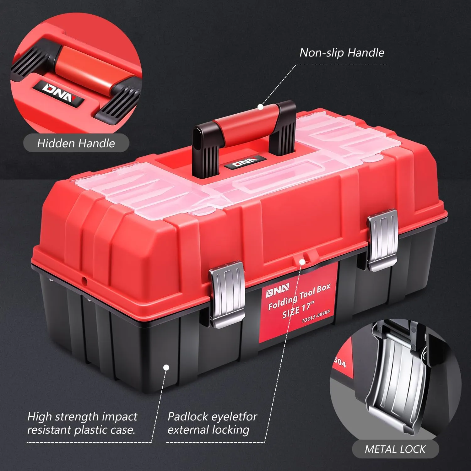 DNA MOTORING 3-Layer Lockable Tool Box Plastic Portable Storage Folding Toolbox Tray Divider Tool Organizers, W/Handle, Red/Black, TOOLS-00504