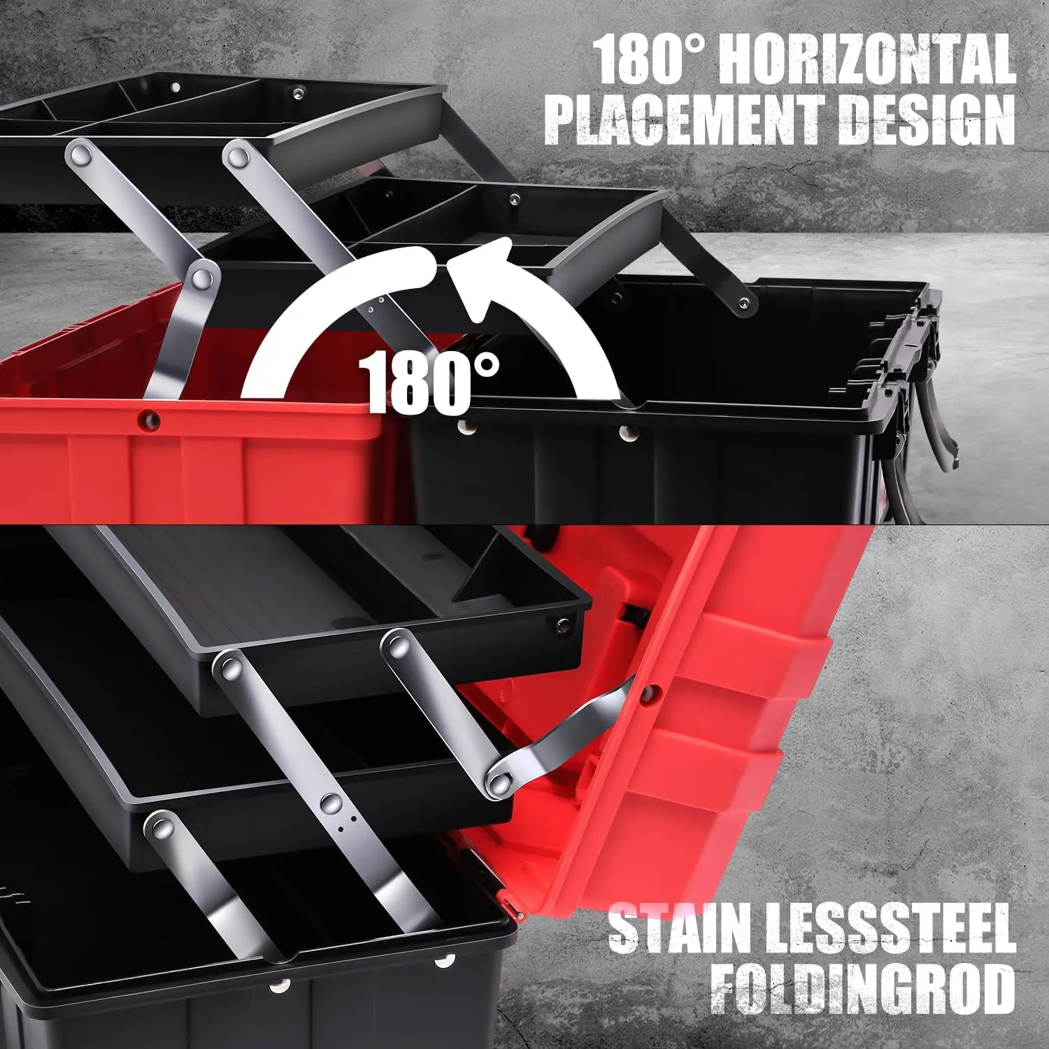 DNA MOTORING 3-Layer Lockable Tool Box Plastic Portable Storage Folding Toolbox Tray Divider Tool Organizers, W/Handle, Red/Black, TOOLS-00504
