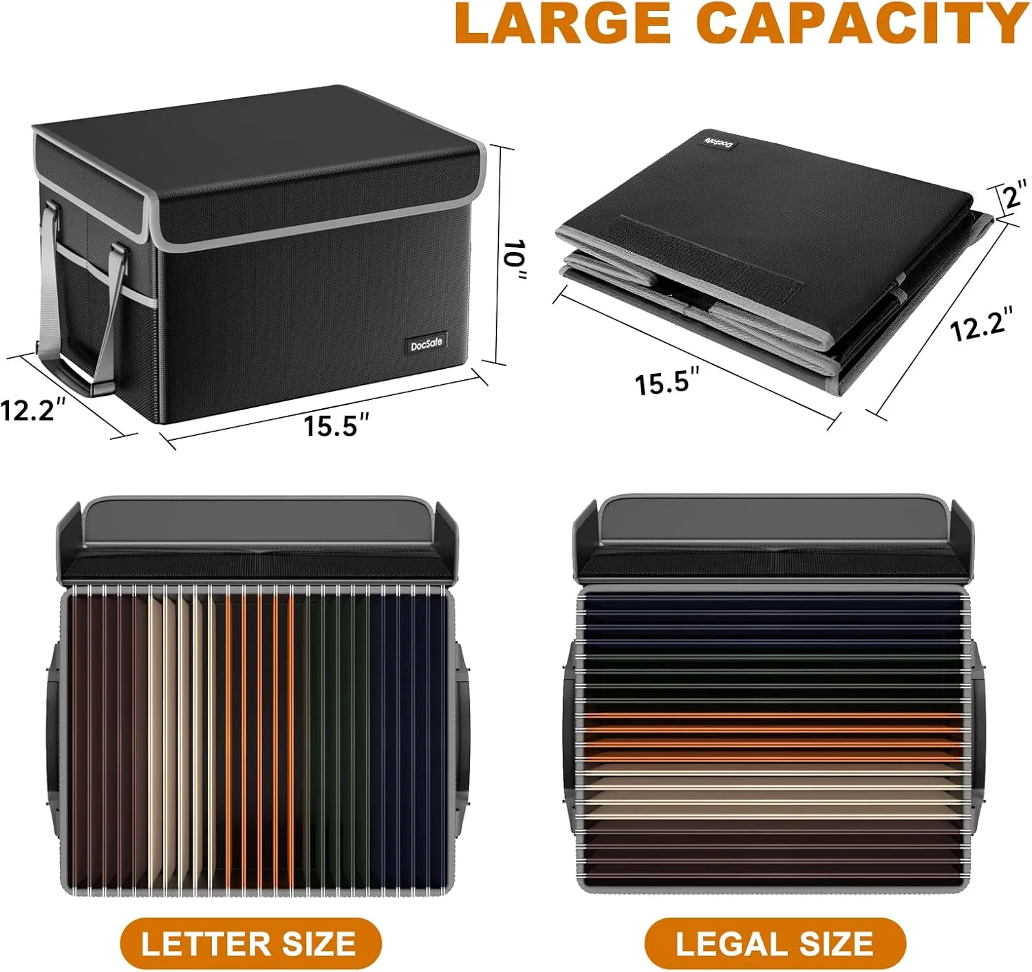 DocSafe File Box Fireproof File Storage Organizer with Lid,Collapsible Document Storage Filing Case for Hanging Letter/Legal Folders,Portable Home Office Safe Cabinet with Handle,Black,2 Pack