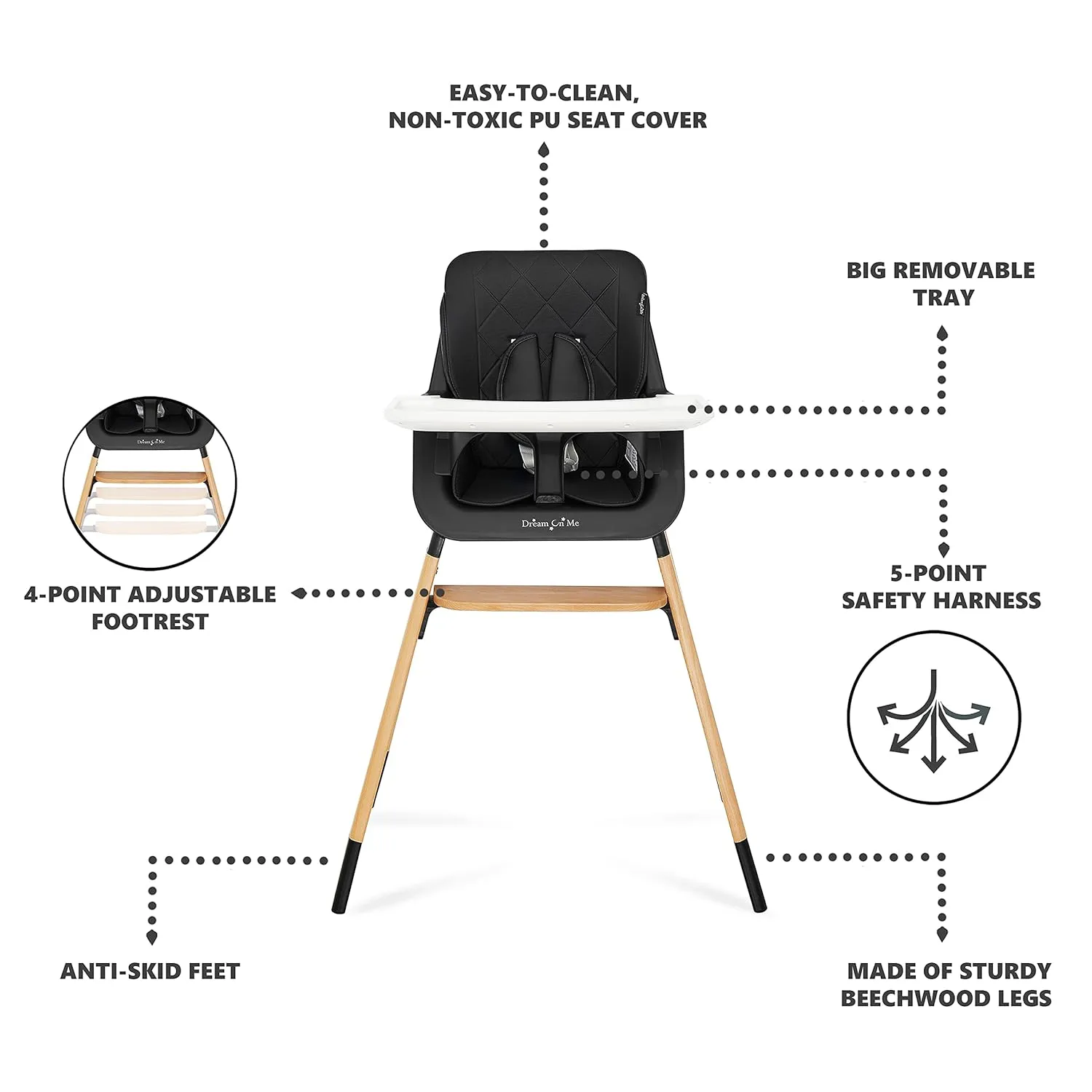 Dream On Me Nibble Wooden Compact High Chair in Black | Light Weight | Portable |Removable seat Cover I Adjustable Tray I Baby and Toddler