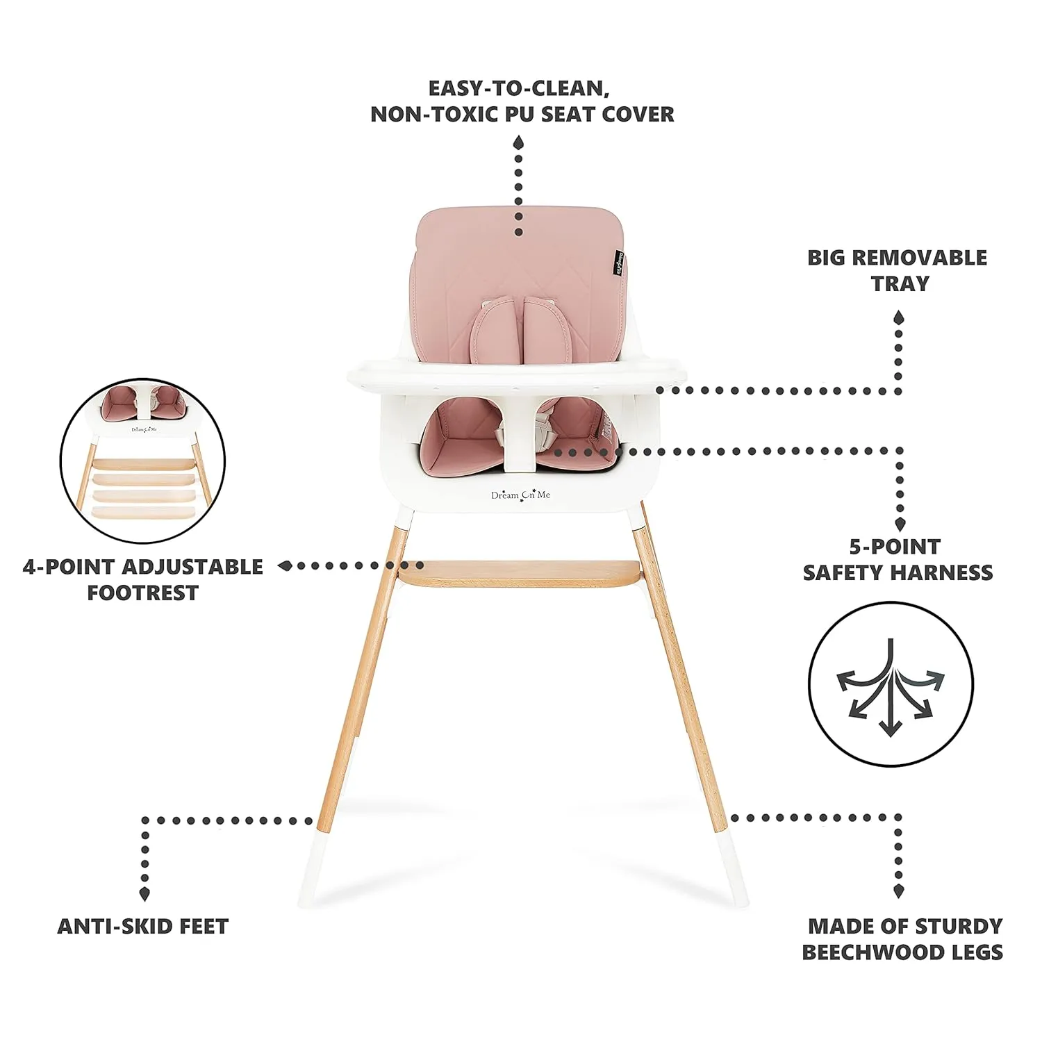 Dream On Me Nibble Wooden Compact High Chair in Pink| Light Weight | Portable |Removable seat Cover I Adjustable Tray I Baby and Toddler