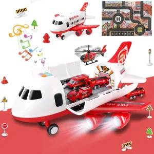 Dwi Dowellin Airplane Toy with Fire Truck Cars and Play Mat,Plane with Lights and Sounds for 3   Years Old Boys and Girls