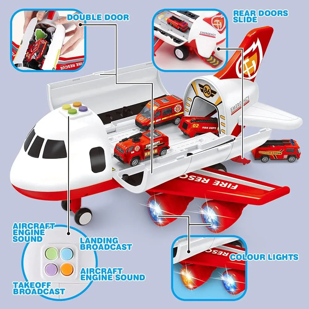 Dwi Dowellin Airplane Toy with Fire Truck Cars and Play Mat,Plane with Lights and Sounds for 3   Years Old Boys and Girls