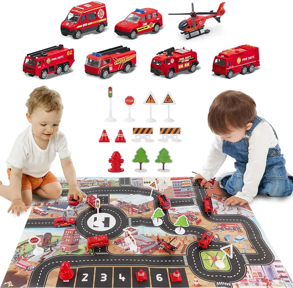 Dwi Dowellin Airplane Toy with Fire Truck Cars and Play Mat,Plane with Lights and Sounds for 3   Years Old Boys and Girls