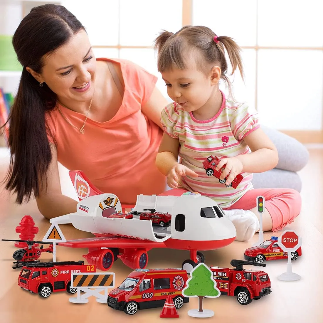Dwi Dowellin Airplane Toy with Fire Truck Cars and Play Mat,Plane with Lights and Sounds for 3   Years Old Boys and Girls