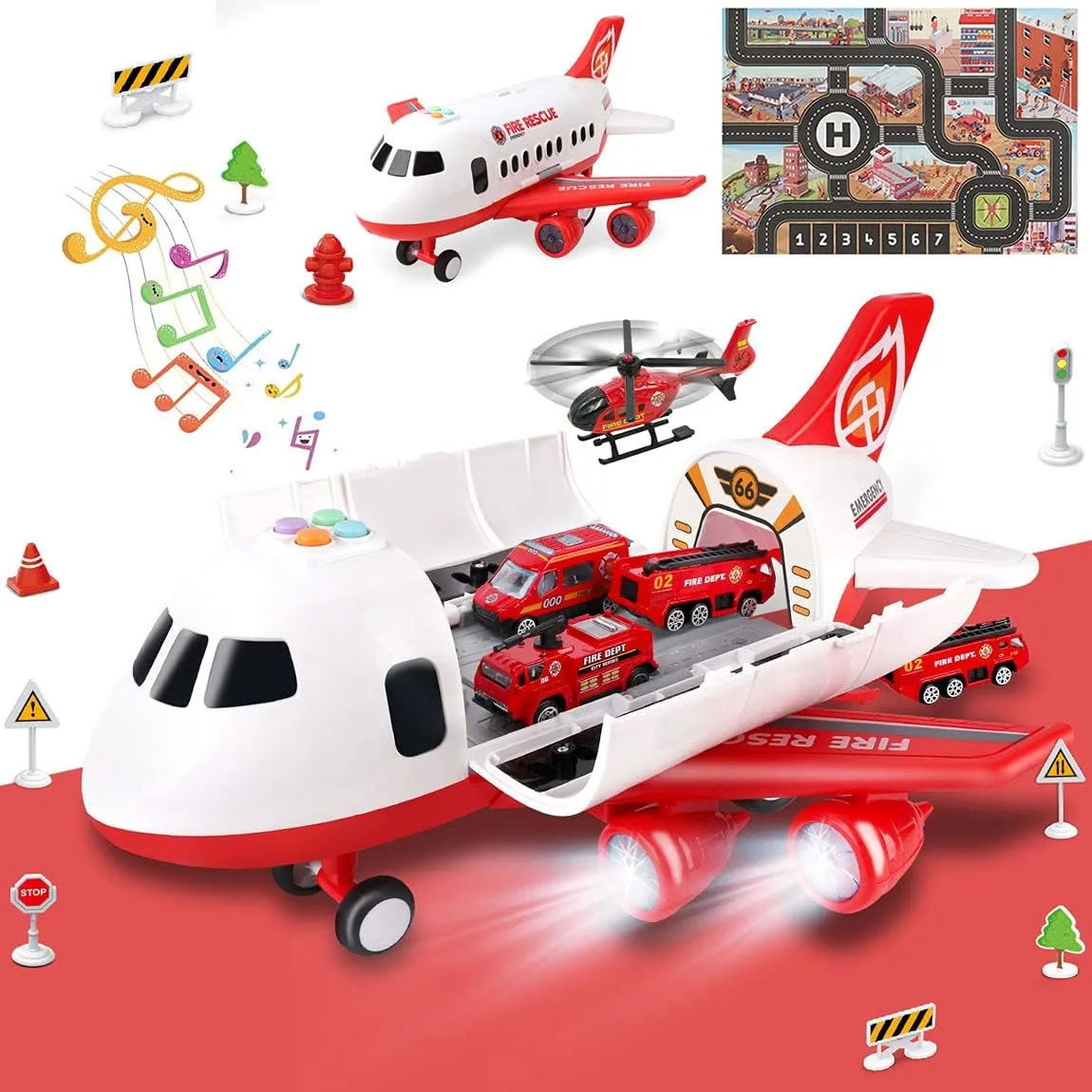 Dwi Dowellin Airplane Toy with Fire Truck Cars and Play Mat,Plane with Lights and Sounds for 3   Years Old Boys and Girls