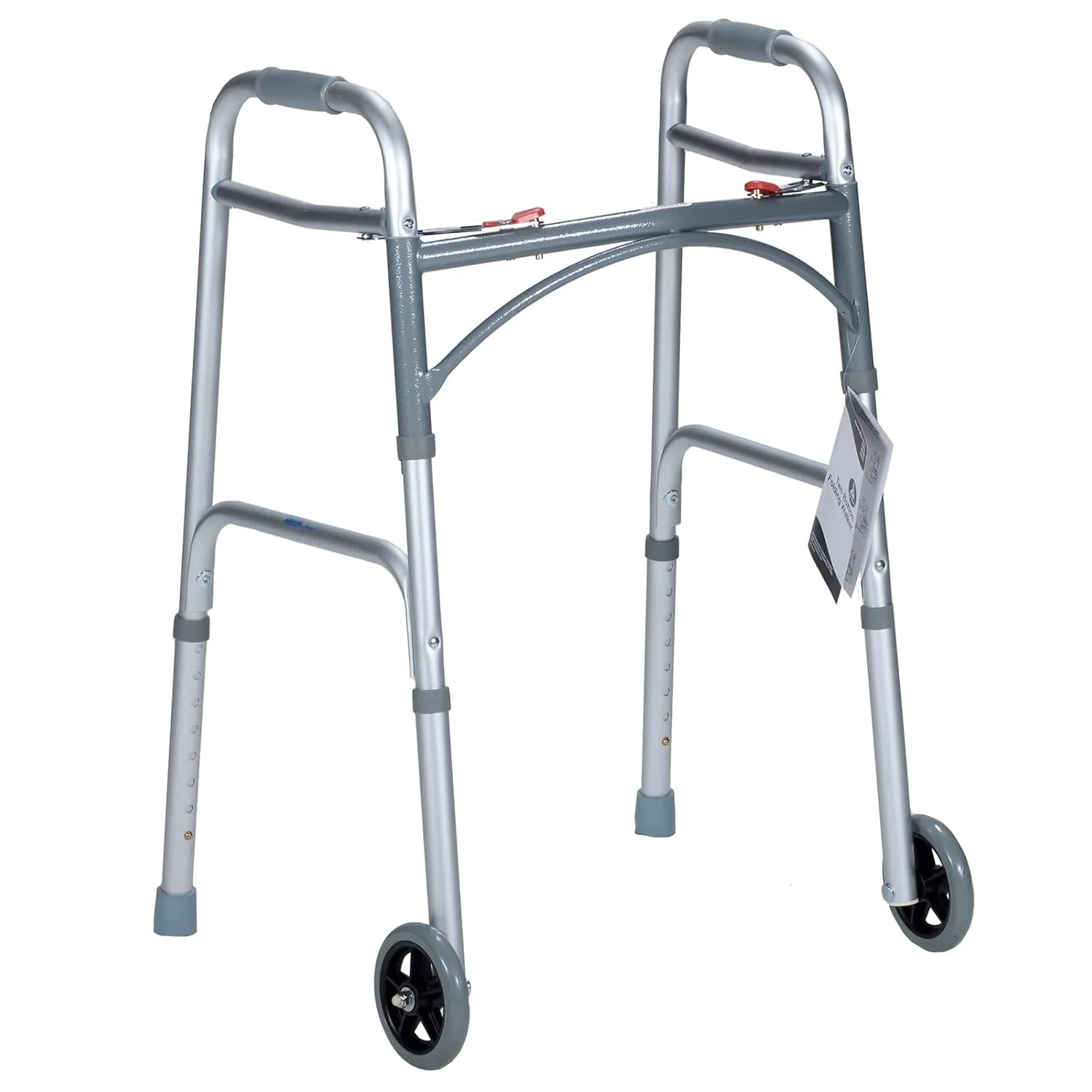 Dynarex Junior Two-Button Folding Walker with Wheels has Tool-Free Adjustable Height up to 32.5” & 350 Pound Weight Capacity, Silver