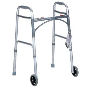 Dynarex Junior Two-Button Folding Walker with Wheels has Tool-Free Adjustable Height up to 32.5” & 350 Pound Weight Capacity, Silver