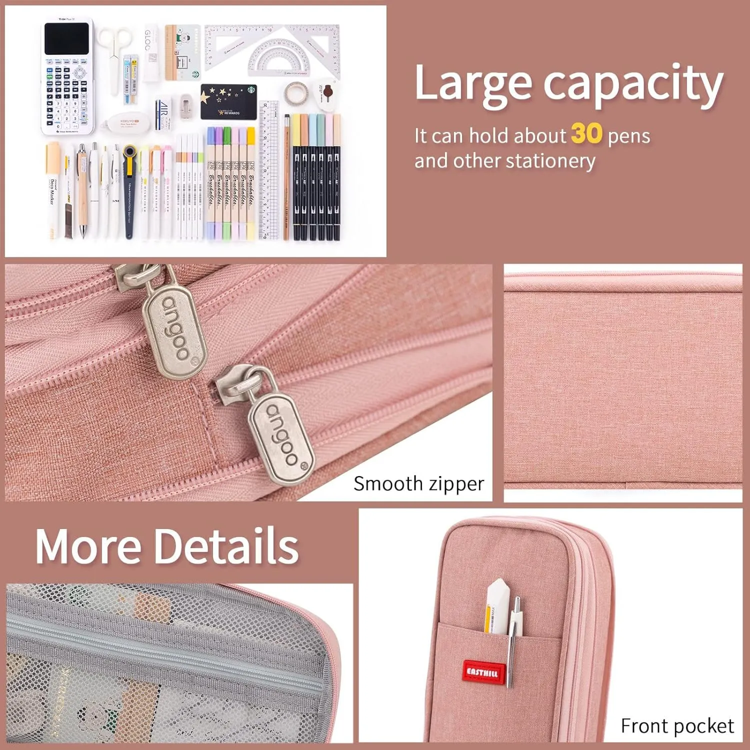 EASTHILL Big Capacity Pencil Case Large Pencil Pouch Stationery Pen Bag for Teen Girls-Deep Pink