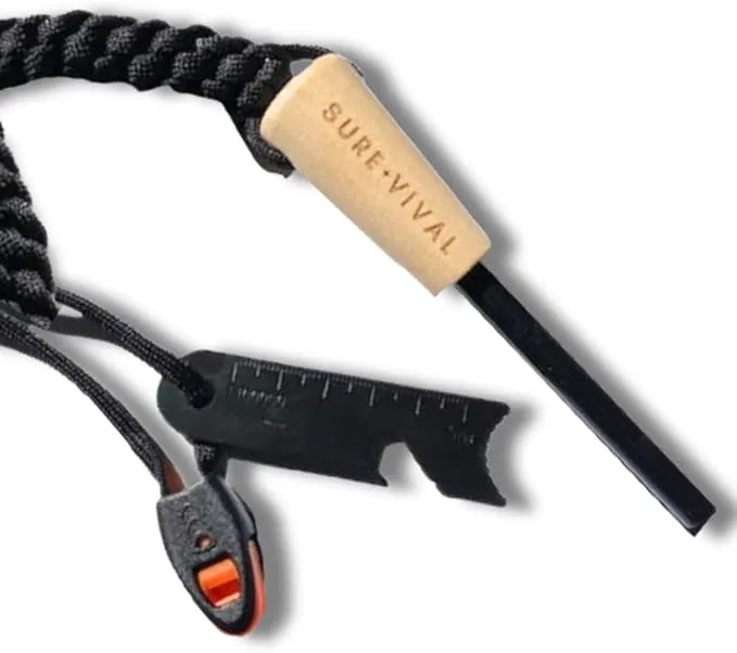 Emergency Waterproof Fire Starter Ferro Rod with Multi-Tool Striker, Hex Wrench, Bottle Opener, Paracord & Whistle for Your Camping, Hiking and Backpacking Gear - Gift for Dad