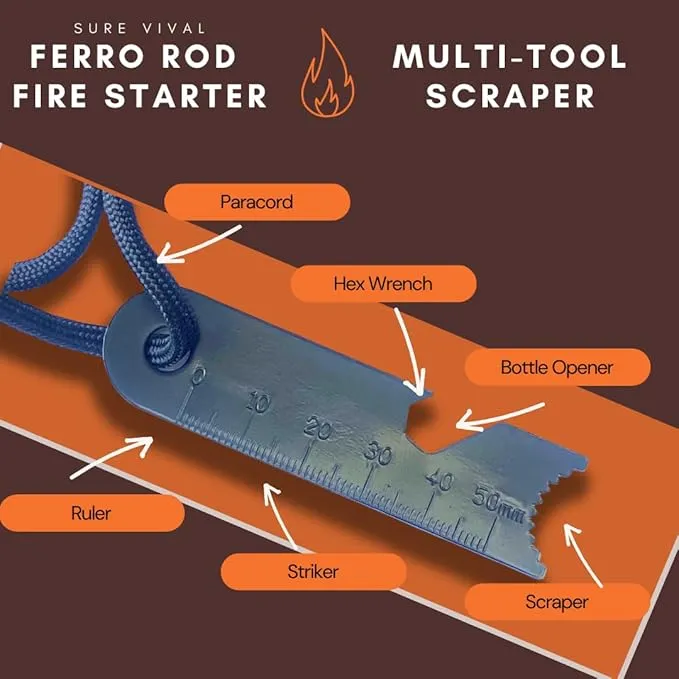 Emergency Waterproof Fire Starter Ferro Rod with Multi-Tool Striker, Hex Wrench, Bottle Opener, Paracord & Whistle for Your Camping, Hiking and Backpacking Gear - Gift for Dad