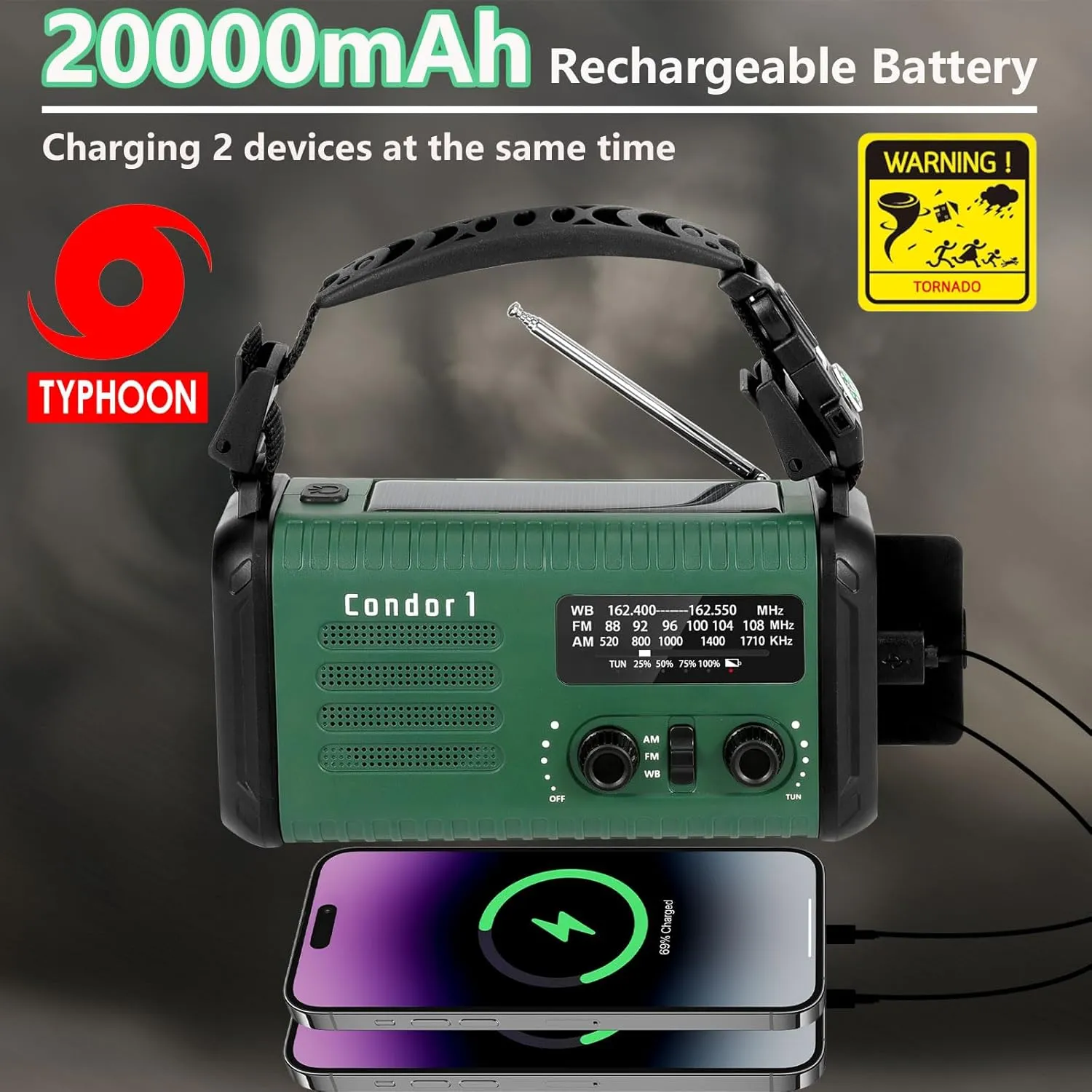 Emergency Weather Radio (Condor 1) NOAA/AM/FM with 74000mWh Portable Radio, USB-C/Solar/Hand Crank Charging, SOS Alarm, Flashlight, Reading Lamp & Survival Handle Kit for Indoor/Outdoor (Army Green)