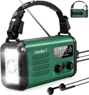 Emergency Weather Radio (Condor 1) NOAA/AM/FM with 74000mWh Portable Radio, USB-C/Solar/Hand Crank Charging, SOS Alarm, Flashlight, Reading Lamp & Survival Handle Kit for Indoor/Outdoor (Army Green)