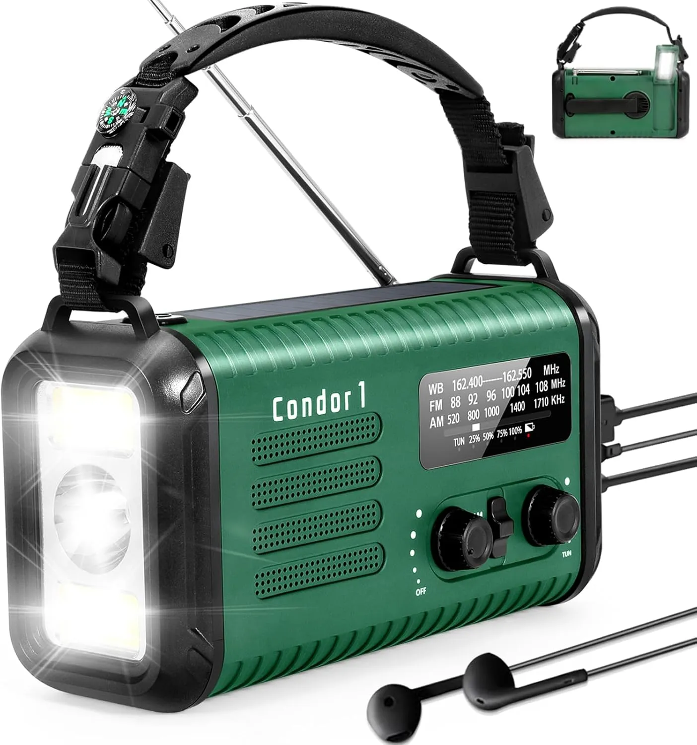 Emergency Weather Radio (Condor 1) NOAA/AM/FM with 74000mWh Portable Radio, USB-C/Solar/Hand Crank Charging, SOS Alarm, Flashlight, Reading Lamp & Survival Handle Kit for Indoor/Outdoor (Army Green)