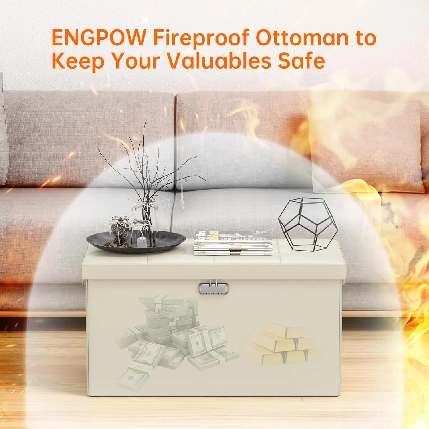 ENGPOW Storage Ottoman Bench,Fireproof Folding Bench with Lock,30 Inches Fire＆Water Resistant Storage Chest Foot Rest Stool Leather Bedroom Ottoman Safe for Documents,Valuables, Beige