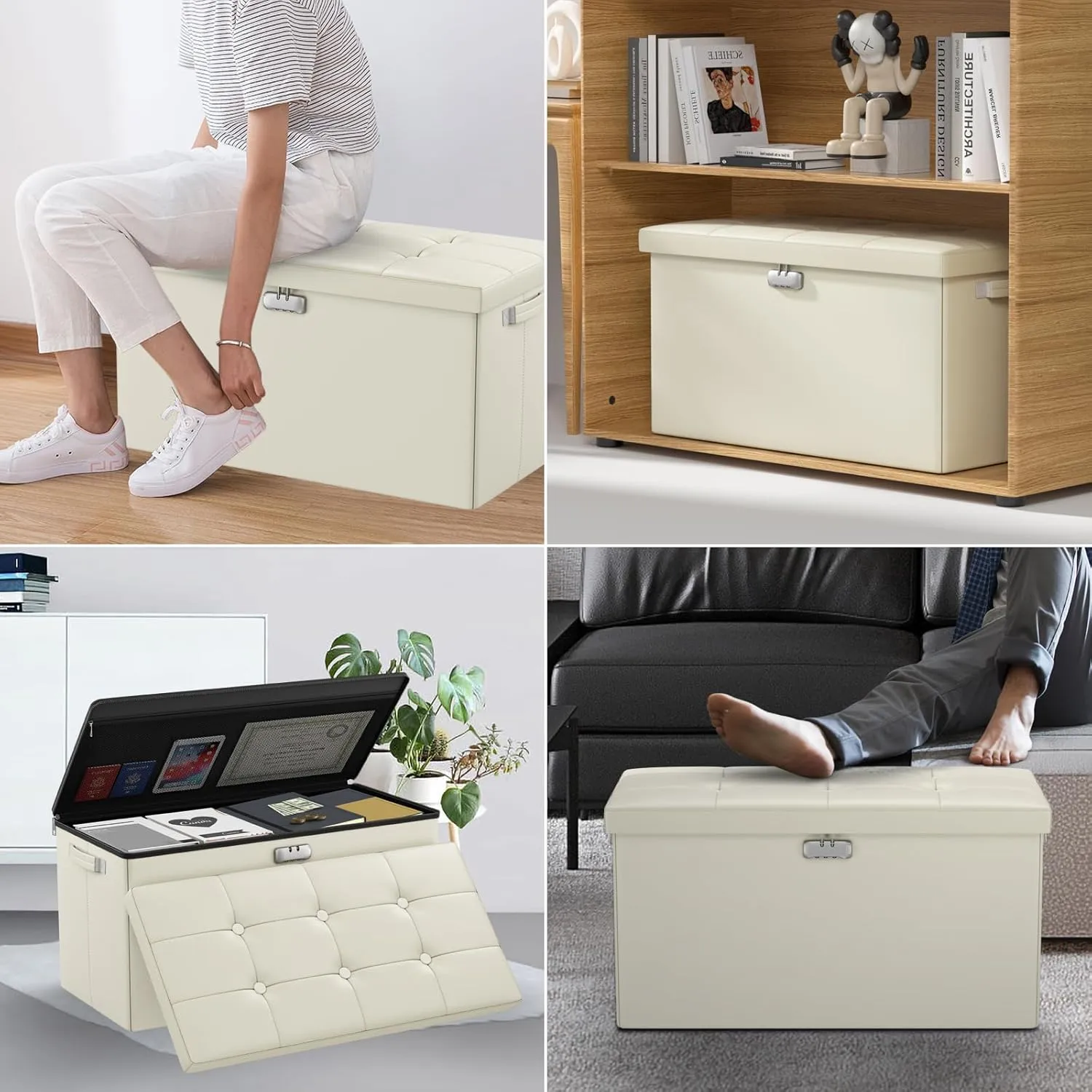 ENGPOW Storage Ottoman Bench,Fireproof Folding Bench with Lock,30 Inches Fire＆Water Resistant Storage Chest Foot Rest Stool Leather Bedroom Ottoman Safe for Documents,Valuables, Beige