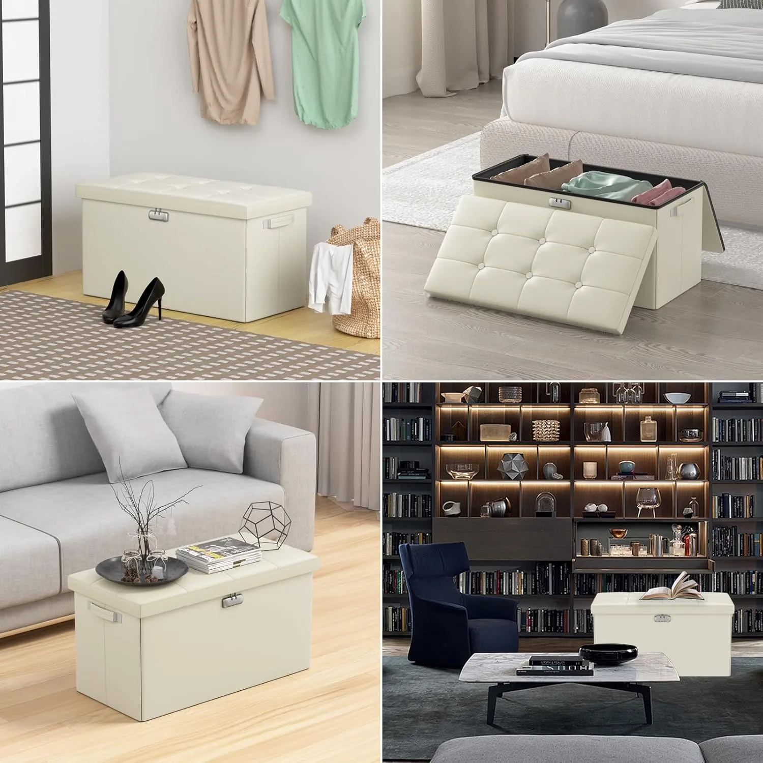 ENGPOW Storage Ottoman Bench,Fireproof Folding Bench with Lock,30 Inches Fire＆Water Resistant Storage Chest Foot Rest Stool Leather Bedroom Ottoman Safe for Documents,Valuables, Beige
