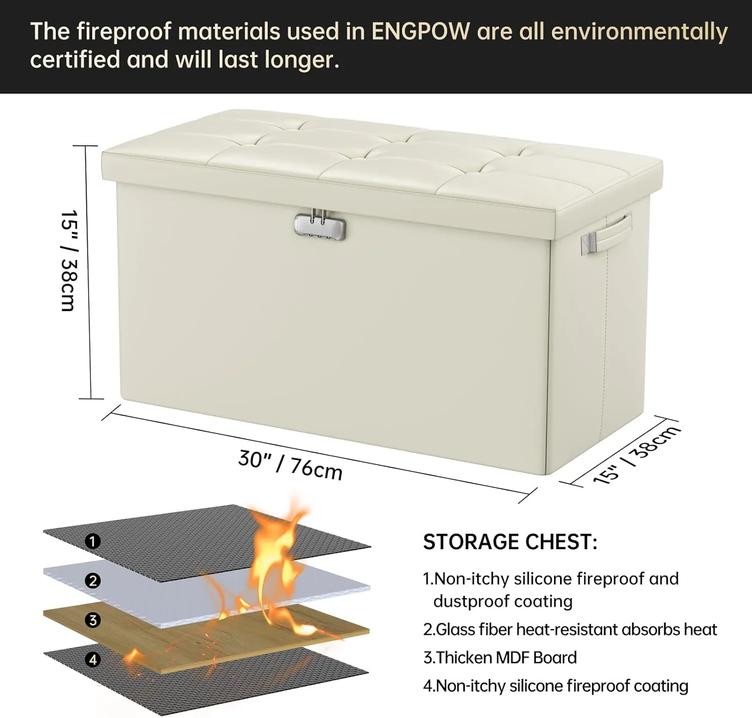 ENGPOW Storage Ottoman Bench,Fireproof Folding Bench with Lock,30 Inches Fire＆Water Resistant Storage Chest Foot Rest Stool Leather Bedroom Ottoman Safe for Documents,Valuables, Beige