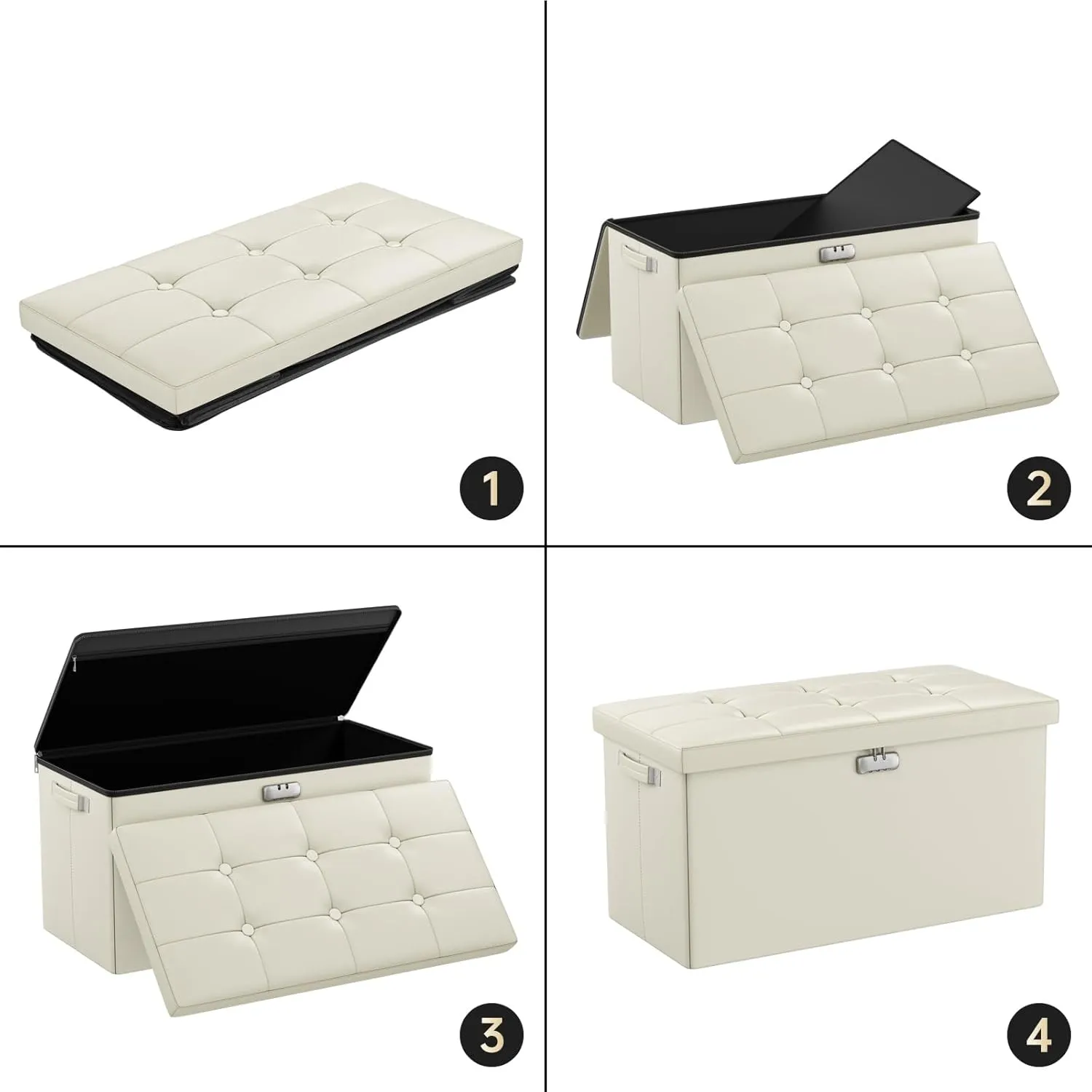 ENGPOW Storage Ottoman Bench,Fireproof Folding Bench with Lock,30 Inches Fire＆Water Resistant Storage Chest Foot Rest Stool Leather Bedroom Ottoman Safe for Documents,Valuables, Beige