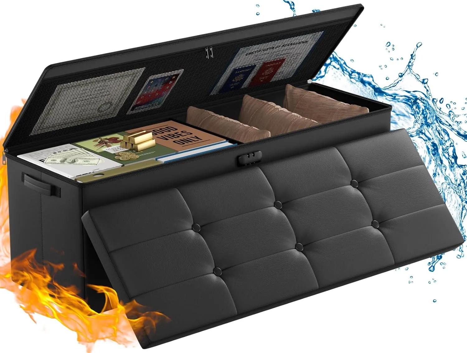 ENGPOW Storage Ottoman, Fireproof Folding Bench with Lock(15”x 43”x15”), Water-Resistant ＆ Heat Insulation Large Storage Chest with Handles＆2 Extra Boxes Safe for Living Room, Bedroom, Home, Black