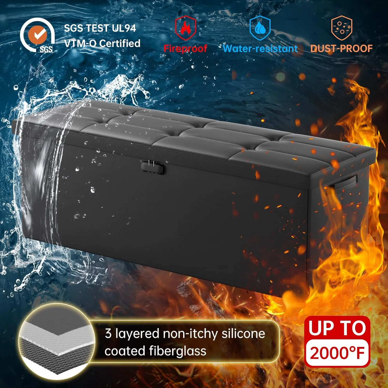 ENGPOW Storage Ottoman, Fireproof Folding Bench with Lock(15”x 43”x15”), Water-Resistant ＆ Heat Insulation Large Storage Chest with Handles＆2 Extra Boxes Safe for Living Room, Bedroom, Home, Black