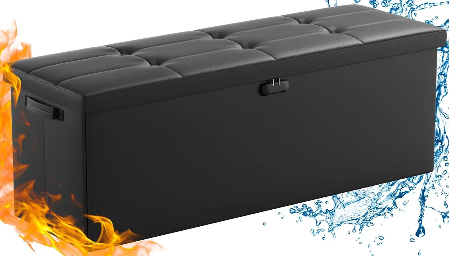 ENGPOW Storage Ottoman, Fireproof Folding Bench with Lock(15”x 43”x15”), Water-Resistant ＆ Heat Insulation Large Storage Chest with Handles＆2 Extra Boxes Safe for Living Room, Bedroom, Home, Black
