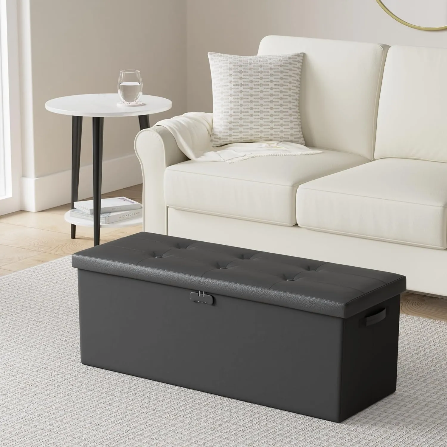 ENGPOW Storage Ottoman, Fireproof Folding Bench with Lock(15”x 43”x15”), Water-Resistant ＆ Heat Insulation Large Storage Chest with Handles＆2 Extra Boxes Safe for Living Room, Bedroom, Home, Black