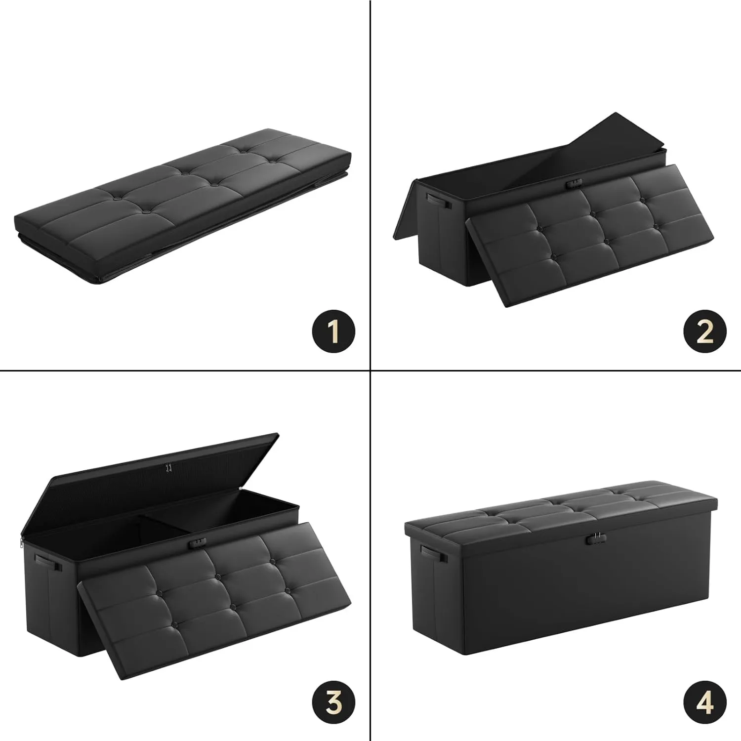 ENGPOW Storage Ottoman, Fireproof Folding Bench with Lock(15”x 43”x15”), Water-Resistant ＆ Heat Insulation Large Storage Chest with Handles＆2 Extra Boxes Safe for Living Room, Bedroom, Home, Black
