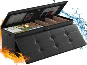 ENGPOW Storage Ottoman, Fireproof Folding Bench with Lock(15”x 43”x15”), Water-Resistant ＆ Heat Insulation Large Storage Chest with Handles＆2 Extra Boxes Safe for Living Room, Bedroom, Home, Black