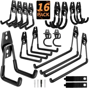 EZ COZY 16 Pack Garage Hooks Heavy Duty – Wall Mount Utility Hooks for Hanging, Garage Organization, Tool Hangers for Garage Wall, Ladder Holders, Assorted Sizes with Mounting Screws (Black)