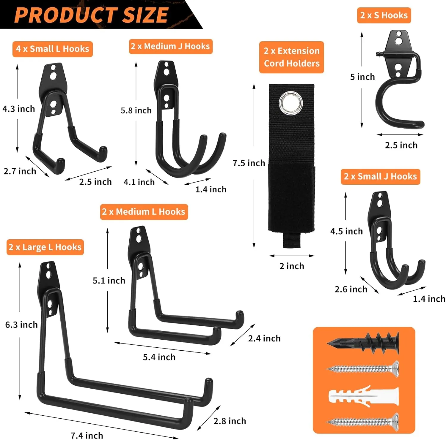 EZ COZY 16 Pack Garage Hooks Heavy Duty – Wall Mount Utility Hooks for Hanging, Garage Organization, Tool Hangers for Garage Wall, Ladder Holders, Assorted Sizes with Mounting Screws (Black)